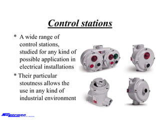 Control stations
* A wide range of
control stations,
studied for any kind of
possible application in
electrical installations
* Their particular
stoutness allows the
use in any kind of
industrial environment
 
