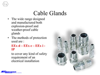 Cable Glands
• The wide range designed
and manufactured both
explosion-proof and
weather-proof cable
glands
• The methods of protection
used are :
EEx d – EEx e – EEx i -
IP
to cover any kind of safety
requirement of an
electrical installation
 