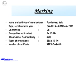 Marking
• Name and address of manufacturer : Fondisonzo Italia
• Type, serial number, year : EVA 2015 – AB12345 - 2003
• CE marking : CE
• Group (Gas and/or dust) : Ex 2G 2D
• ID number of Notified Body : 4583
• Types of protections : EEx d IIC T6
• Number of certificate : ATEX Cesi 48/01
 