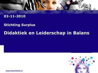 www.kennisnet.nl
Naam van de Auteur
7 januari 2008
02-11-2010
Stichting Surplus
Didaktiek en Leiderschap in Balans
 