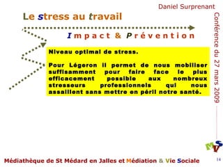 Niveau optimal de stress.  Pour Légeron il permet de nous mobiliser suffisamment pour faire face le plus efficacement possible aux nombreux stresseurs professionnels qui nous assaillent sans mettre en péril notre santé.  