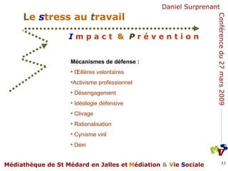Mécanismes de défense : Œillères volontaires Activisme professionnel  Désengagement  Idéologie défensive Clivage Rationalisation Cynisme viril Déni 