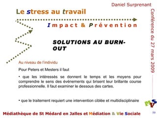 Au niveau de l’individu Pour Peters et Mesters il faut  que les intéressés se donnent le temps et les moyens pour comprendre le sens des événements qui brisent leur brillante course professionnelle. Il faut examiner le dessous des cartes.  que le traitement requiert une intervention ciblée et multidisciplinaire   SOLUTIONS AU BURN-OUT 
