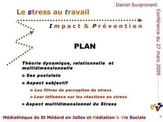 PLAN Théorie dynamique, relationnelle  et multidimensionnelle Ses postulats  Aspect subjectif Les filtres de perception du stress Leur influence sur les réactions au stress Aspect multidimensionnel du Stress 