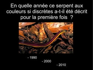 En quelle année ce serpent aux
couleurs si discrètes a-t-il été décrit
      pour la première fois ?




          - 1990
                   - 2000
                            - 2010
 