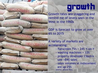 growth
Growth rates are staggering and
remind me of levels seen in the
West in the 1960s

GDP is forecast to grow at over
6% to 2015

A variety of markets are
accelerating:
    - flatscreen TVs + 24% Y-on-Y
    - washing machines + 33%
    - property developer Ciputra
      saw +84% sales
    - sales volumes at Indocement
      are up 25%
    (source: Jakarta Post)
 