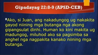 Gipadayag 22:8-9 (APSD-CEB)
8Ako, si Juan, ang nakadungog ug nakakita
gayod niining mga butanga nga akong
gipangsulat dinhi. Human ko kini makita ug
madungog, miluhod ako sa pagsimba sa
anghel nga nagpakita kanako niining mga
butanga.
 
