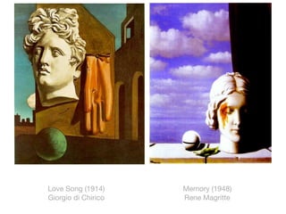 Love Song (1914)     Memory (1948)
Giorgio di Chirico   Rene Magritte
 