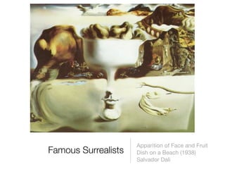 Apparition of Face and Fruit
Famous Surrealists   Dish on a Beach (1938)
                     Salvador Dali
 