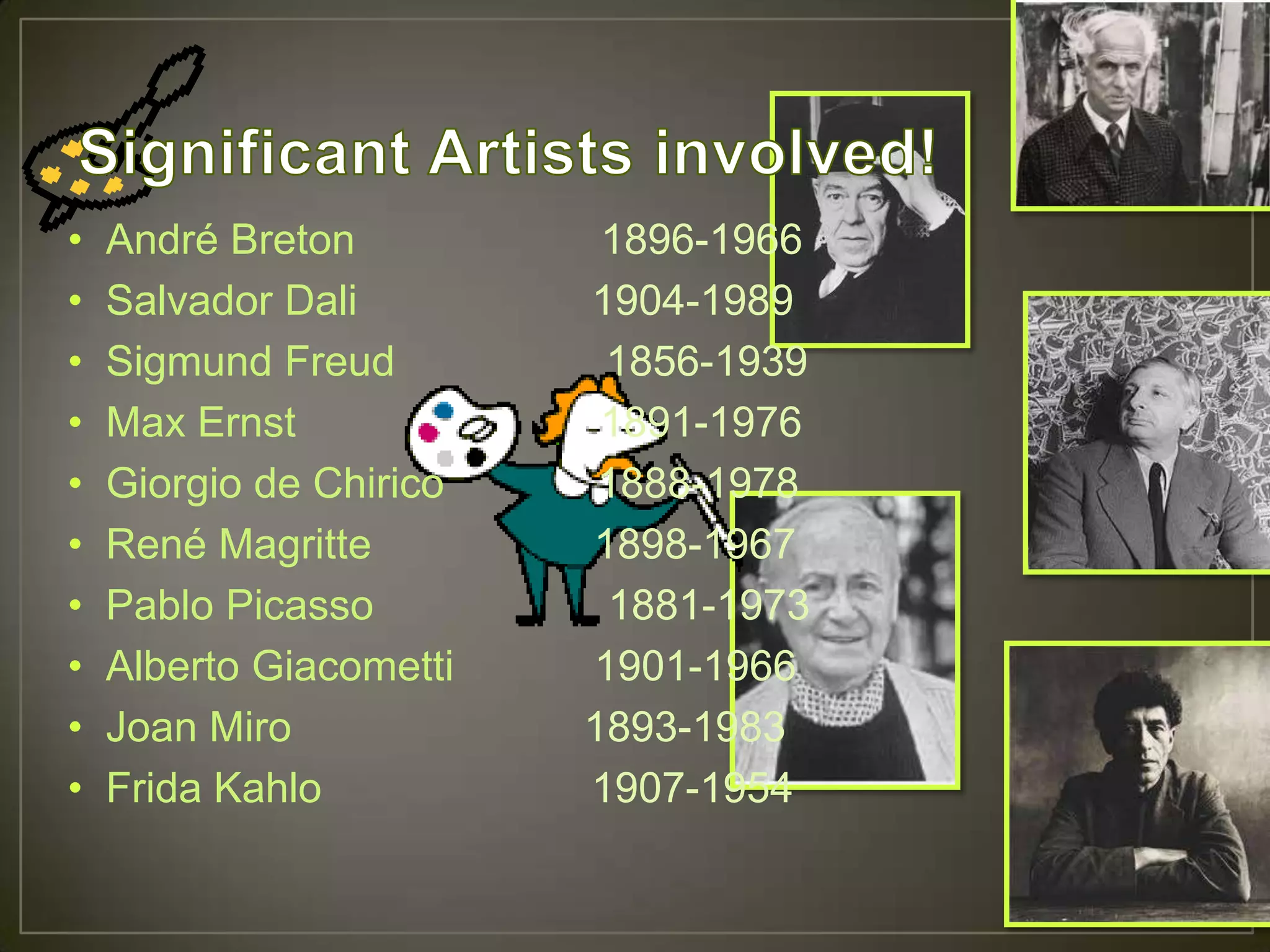 •   André Breton          1896-1966
•   Salvador Dali        1904-1989
•   Sigmund Freud         1856-1939
•   Max Ernst             1891-1976
•   Giorgio de Chirico    1888-1978
•   René Magritte        1898-1967
•   Pablo Picasso         1881-1973
•   Alberto Giacometti   1901-1966
•   Joan Miro            1893-1983
•   Frida Kahlo          1907-1954
 