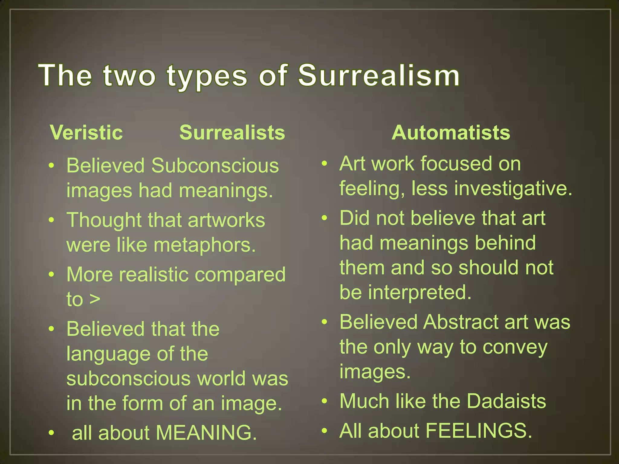 Veristic      Surrealists              Automatists
• Believed Subconscious      •   Art work focused on
  images had meanings.           feeling, less investigative.
• Thought that artworks      •   Did not believe that art
  were like metaphors.           had meanings behind
• More realistic compared        them and so should not
  to >                           be interpreted.
• Believed that the          •   Believed Abstract art was
  language of the                the only way to convey
  subconscious world was         images.
  in the form of an image.   •   Much like the Dadaists
• all about MEANING.         •   All about FEELINGS.
 