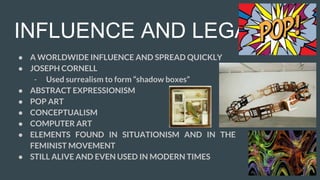 INFLUENCE AND LEGACIES
● A WORLDWIDE INFLUENCE AND SPREAD QUICKLY
● JOSEPH CORNELL
- Used surrealism to form “shadow boxes”
● ABSTRACT EXPRESSIONISM
● POP ART
● CONCEPTUALISM
● COMPUTER ART
● ELEMENTS FOUND IN SITUATIONISM AND IN THE
FEMINIST MOVEMENT
● STILL ALIVE AND EVEN USED IN MODERN TIMES
 