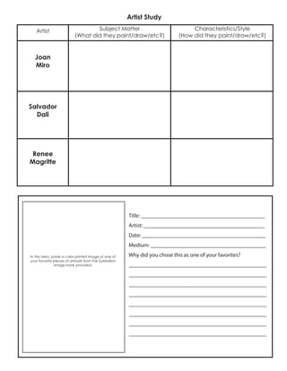 Artist Study
Joan
Miro
Subject Matter
(What did they paint/draw/etc?)
Characteristics/Style
(How did they paint/draw/etc?)
Salvador
Dali
Artist
Renee
Magritte
In this area, paste a color printed image of one of
your favorite pieces of artwork from the Surrealism
image bank provided.
Title: ____________________________________________
Artist: ___________________________________________
Date: ____________________________________________
Medium: _________________________________________
Why did you chose this as one of your favorites?
_________________________________________________
_________________________________________________
_________________________________________________
_________________________________________________
_________________________________________________
_________________________________________________
_________________________________________________
_________________________________________________
 