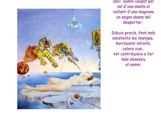 Dalí: Somni causat pel vol d'una abella al voltant d'una magrana un segon abans del despertar.  Dibuix precís, fent més insistents les imatges,  horitzonts infinits, colors vius,  tot contribuieix a fer més obsessiu el somni. 