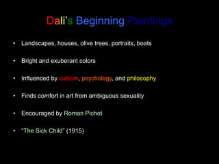 Miró:PaintingsPaintings have a whimsical, humorous quality (like a 5 year old’s drawings)Differences of scale (largest object is most important)Playfully distorted animal forms, geometric constructions, organic shapesLimited range of bright colorsOverall type composition: encompass entire canvas evenlyMovement (curves, organic forms)Characterized by body language and freshness