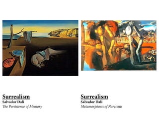 Surrealism
Salvador Dali
The Persistence of Memory
Surrealism
Salvador Dali
Metamorphosis of Narcissus
 
