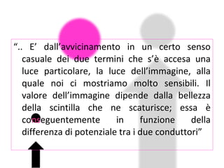 “ .. E’ dall’avvicinamento in un certo senso casuale dei due termini che s’è accesa una luce particolare, la luce dell’immagine, alla quale noi ci mostriamo molto sensibili. Il valore dell’immagine dipende dalla bellezza della scintilla che ne scaturisce; essa è co ns eguentemente in funzione della differenza di potenziale tra i due conduttori” 