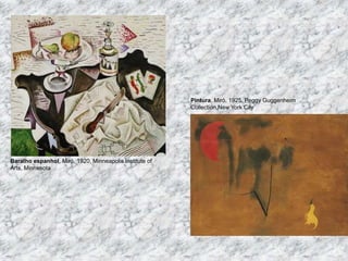 Baralho espanhol, Miró, 1920, Minneapolis Institute of
Arts, Minnesota
Pintura, Miró, 1925, Peggy Guggenheim
Collection,New York City
 