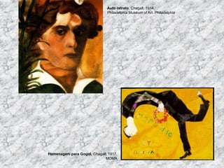 Homenagem para Gogol, Chagall, 1917,
MOMA
Auto retrato, Chagall, 1914,
Philadelphia Museum of Art. Philadelphia
 