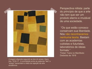 Perspectiva niilista: parte
do princípio de que a arte
não tem que ser um
produto eterno e imutável
de uma sociedade.
“Os que estão conosco
conservam sua liberdade.
Nós não reconhecemos
nenhuma teoria. Bastam
com as academias
cubistas e futuristas,
laboratórios de ideias
formais.”
Tristan Tzara no Manifesto
Dadaísta de 1918
Colagem disposta segundo as leis do acaso, Hans
Arp, 1916-17. A contratição entre as palavras “leis” e
“acaso” transmitem a ideia da rejeição da arte
acadêmica
 
