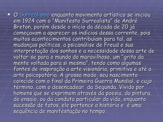 O  Surrealismo  enquanto movimento artístico se iniciou em 1924 com o “Manifesto Surrealista” de André Breton, porém desde o início da década de 20 já começavam a aparecer os indícios dessa corrente, pois muitos acontecimentos contribuíam para tal, as mudanças políticas, a psicanálise de Freud e sua interpretação dos sonhos e a necessidade dessa arte de voltar-se para o mundo do maravilhoso, um “grito da mente voltada para si mesma”, tendo como algumas fontes de inspiração a arte visionária, primitiva e até a arte psicopatória. A grosso modo, seu nascimento coincide com o final da Primeira Guerra Mundial, e cujo término, com o desencadear  da Segunda. Vivido por homens que se exprimem através da poesia, da pintura, do ensaio, ou da conduta particular da vida, enquanto sucessão de fatos, ele pertence a história e  é uma sequência de manifestação no tempo. 