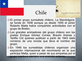 Chile
O El primer grupo surrealista chileno, La Mandrágora,
se funda en 1938 aunque ya desde 1935 el pintor
Roberto Matta había compartido actividades con el
grupo de Bretón.
O Los grandes animadores del grupo chileno son los
poetas Enrique Gómez Correa, Braulio Arenas y
Teófilo Cid quienes publican a partir de 1943 siete
números de una revista que lleva el nombre del
grupo.
O En 1948 los surrealistas chilenos organizan una
exposición internacional del movimiento en la que
participa Matta, quien a pesar de sus simpatías por el
grupo mantuvo siempre una posición externa.
 