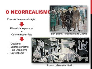O NEORREALISMO
Formas de concretização
Diversidade pessoal
+
Cunho modernista
- Cubismo
- Expressionismo
- Pós-Dadaísmo
- Surrealismo
Picasso, Guernica, 1937
Ben Shahn, Prisioneiros de Guerra
 