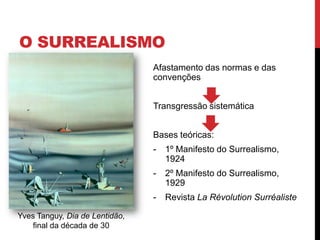 O SURREALISMO
Afastamento das normas e das
convenções
Transgressão sistemática
Bases teóricas:
- 1º Manifesto do Surrealismo,
1924
- 2º Manifesto do Surrealismo,
1929
- Revista La Révolution Surréaliste
Yves Tanguy, Dia de Lentidão,
final da década de 30
 