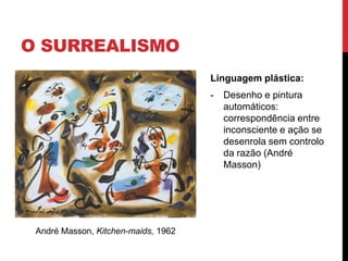 O SURREALISMO
Linguagem plástica:
- Desenho e pintura
automáticos:
correspondência entre
inconsciente e ação se
desenrola sem controlo
da razão (André
Masson)
André Masson, Kitchen-maids, 1962
 