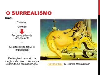 O SURREALISMO
Temas:
Erotismo
Sonhos
Forças ocultas do
inconsciente
+
Libertação de tabus e
imposições
+
Exaltação do mundo da
magia e de tudo o que esteja
afastado da racionalização Salvador Dali, O Grande Masturbador
 
