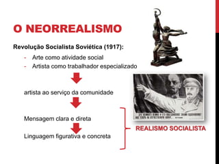 O NEORREALISMO
Revolução Socialista Soviética (1917):
- Arte como atividade social
- Artista como trabalhador especializado
artista ao serviço da comunidade
Mensagem clara e direta
Linguagem figurativa e concreta
REALISMO SOCIALISTA
 
