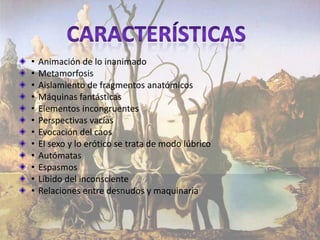 • Animación de lo inanimado
• Metamorfosis
• Aislamiento de fragmentos anatómicos
• Máquinas fantásticas
• Elementos incongruentes
• Perspectivas vacías
• Evocación del caos
• El sexo y lo erótico se trata de modo lúbrico
• Autómatas
• Espasmos
• Líbido del inconsciente
• Relaciones entre desnudos y maquinaria
 