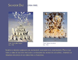 Salvador Dalí                    (1904-1989)




   Titulo: Carne gallina inagural                 Titulo: Galatea de esferas
   Año: 1928                                      Año: 1952


Invirtio el proceso surrealista del inconciente ,buscando en el subconciente. Por lo que
toda la obra de dalí esta vinculada a un realismo del mundo de los sueños , teniendo un
tremenda influencia en sus obras para la publicidad.
 