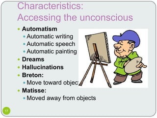 Characteristics:
     Accessing the unconscious
      Automatism
        Automatic writing
        Automatic speech
        Automatic painting
      Dreams
      Hallucinations
      Breton:
        Move toward objects
      Matisse:
        Moved away from objects

17
 