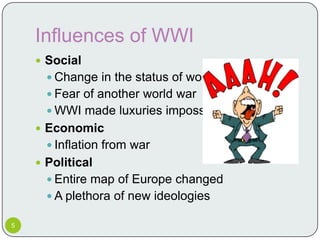 Influences of WWI
     Social
       Change in the status of women
       Fear of another world war
       WWI made luxuries impossible
     Economic
       Inflation from war
     Political
       Entire map of Europe changed
       A plethora of new ideologies

5
 