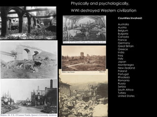 Physically and psychologically,
WWI destroyed Western civilization
                        Countries Involved:
                         
                        Australia
                        Austria
                        Belgium
                        Bulgaria
                        Canada
                        France
                        Germany
                        Great Britain
                        Greece
                        India
                        Iraq
                        Italy
                        Japan
                        Montenegro
                        New Zealand
                        Poland
                        Portugal
                        Rhodesia
                        Romania
                        Russia
                        Serbia
                        South Africa
                        Turkey
                        United States
 