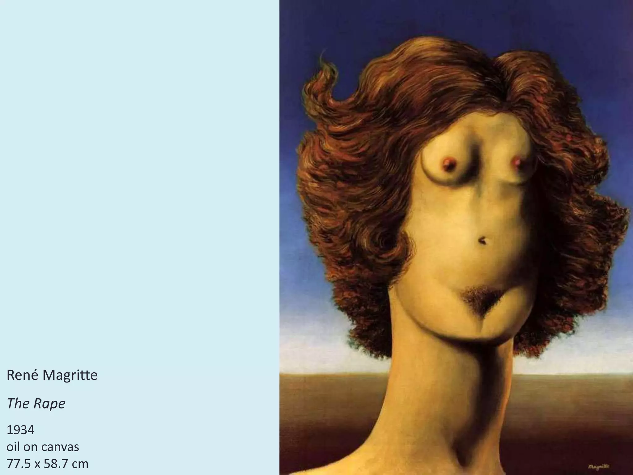 René Magritte
The Rape
1934
oil on canvas
77.5 x 58.7 cm
 