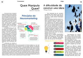 A dificuldade de
construir uma ideia
Thiago Borba
	 Qui rempores es sit, occusam
dolupiendit evero debit lit que ad ma
sed mil in et que venit ipsae solupti
quaspissit, volore dolorei ciistorpore
niam etur?
Offic tet inveliqui denimos doloris es-
sitat a dolupta estior aut autecus ius
ullor aliquas ex eosam, untiis expe-
rem quasimincto illa velenih illuptior
simus et eum natur aut hita dessitaest
quam aut uta natiati delibus pa quis
adi omnimen iatemolupti re volupta-
tiis qui od ut rerum et accum sinisquis
nostiist renihiliquam fugiamus nos ex
expeditas adiaest, ut evelis quis etur
as mintiorumqui vendus quo et ut vo-
loreius volorro tem volor as dolorep
elicatem quo et di ant.
Hilique volo is eosapis inveniendam
eossum quam es vit, volorrumquae
optas non consequunti simust face-
atiae dit eum nobitatus doloreptae
prem. Ro ime pos qui ommolupta i
	 Faccumquibus as maxim-
po restrum eatem quo modita-
quo cuptatus et laut porit acep-
tat uressequi aborem ut dolorro
eturerum facea ium int.
Met aspelibusam quiatius seca-
tem quideli gendae maioriatur,
ut quam, id quia qui dolorest of-
ficaborem coreped quo et debi-
tius.
Si suntia qui officiam, oditate
mporibus, nia ideliqu assunti del
ipicatum con ne entem voluptae
non nobissumet ventorem atur
minto et vendae sandaes edipis
veliqui nest, nonsecus.
Pis dis renitat. Emporum quia
pre et prest as eati occum a vo-
lorrorepe rerernam, atur, is dis
12 13Curiosidades Artigo
Percepção/Sensações
Atenção
Tomada de Decisões
Lobo Frontal
Lobo Parietal Lobo Ociptal
Lobo Temporal
Visão - Estética Visual
Memória
Quem Manipula
Quem?
Nathan Holanda
	 Nos dias de hoje, as grandes e
médias empresas buscam constante-
mente novos meios de inovações para
conquistar a preferência do consumi-
dor e consolidar-se no mercado com-
petitivo, a ciência reconhece há muito
tempo que os seres humanos podem
e são manipulados facilmente através
dos sentidos. Um exemplo disso é a
indústria alimentícia, onde as cores
como: laranja, vermelho e amarelo
(cores que estimulam o apetite), e
mensagens ocultas das embalagens,
induzem o cliente a consumir deter-
minado produto. Isso se dá graças a
neuromarketing.
	 A neuromarketing é uma ciên-
cia responsável por estudar o com-
portamento das pessoas, partindo
da mesma ideia da antropologia, psi-
cologia e neurociência, que buscam
entender a raiz do comportamento
do consumidor, focando de fato nas
reações neurológicas e as empresas
usam dessas estratégias para desper-
tar o desejo do consumo. Lojas e su-
permercados, têm cada vez mais soli-
citado as ferramentas da neurociência
para aumentar seus faturamentos,
chamando a atenção do consumidor
através dos sentidos, não só a nível
consciente como inconsciente tam-
bém.
	 Profissionais de marketing e
empresas de consultoria sabem, por
exemplo, que os preços de bens e serviços não precisam ter nenhuma relação com o seu custo
de produção. Estudos comprovam que produtos/serviços com preços elevados são mais visa-
dos pelos consumidores por geralmente obterem na sua composição, materiais ou ingredientes
com qualidade superior aos concorrentes. De fato, as pessoas percebem algo melhor no produ-
to mais caro, por exemplo, o vinho, os mais desejados em muitas das vezes, possuem garrafas
chamativas com preços absurdos, embora possa não existir diferença significativa na qualidade
entre eles. Portanto, a neuromarketing, deveria ser utilizada apenas com o intuito de beneficiar
a população, porém muitas vezes é utilizada com fins pejorativos visando somente o lucro e es-
quecendo-se da experiência do cliente. Para essa manipulação não existe um público específico,
todos são afetados, até mesmo os próprios profissionais de marketing e publicidade estão na mira
dessas “técnicas”. Contudo, cabe ao consumidor orientar as suas escolhas pesquisando sobre os
produtos e serviços, afim de evitar compras através de impulso e desejo.
Princípios do
Neuromarketing
A memória nos remete à lembranças
emocionais, é ela que cria uma harmonia
com o cliente, afinal, quando algo remete
à memórias positivas nos faz sentir atraídos
por aquilo que nos fez lembrar, gerando o
desejo de aquisição pelo significado.
Se resume em prender a
atenção do cliente quando
o mesmo está diante de um
produto ou serviço para que
essa atenção resulte no ato
da compra
Atrair o cliente a partir das sensações.
A partir do uso da percepção derivada
dos sentidos: Audição, Tato e Olfato para
estabelecer uma conexão entre produto e
cliente
Àrea responsável pela visão. Quando
o ambiente ou o produto é visualmente
agradável chama a atenção do
consumidor, o qual sente prazer
ao observar e este fato gera um
vínculo ou uma necessidade.
 