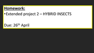 Homework:
•Extended project 2 – HYBRID INSECTS
Due: 26th April
 