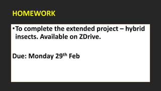 HOMEWORK
•To complete the extended project – hybrid
insects. Available on ZDrive.
Due: Monday 29th Feb
 