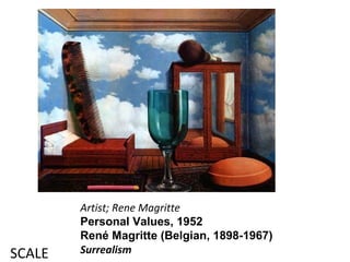 SCALE

Artist; Rene Magritte
Personal Values, 1952
René Magritte (Belgian, 1898-1967)
Surrealism

 