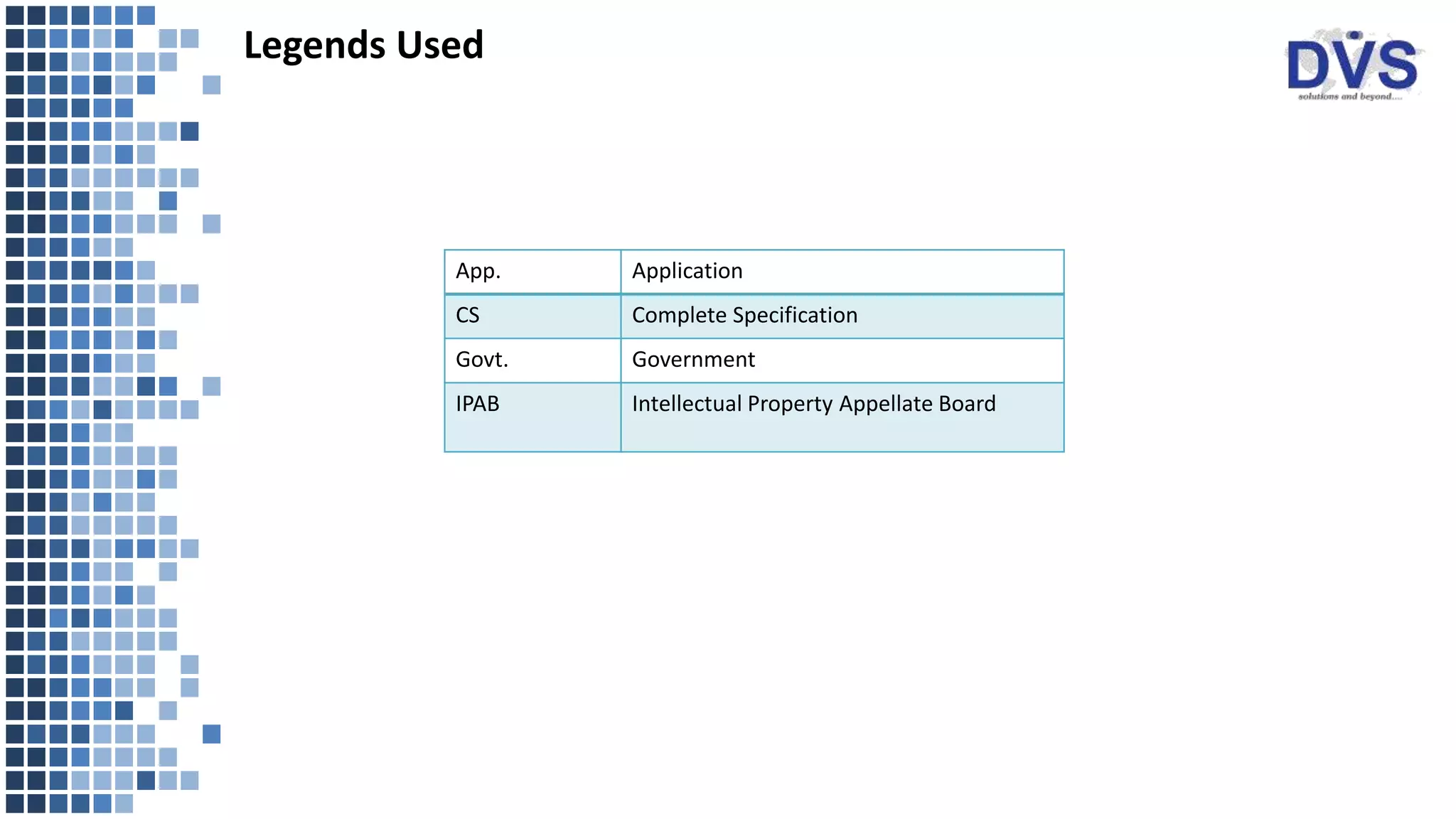 Legends Used
App. Application
CS Complete Specification
Govt. Government
IPAB Intellectual Property Appellate Board
 