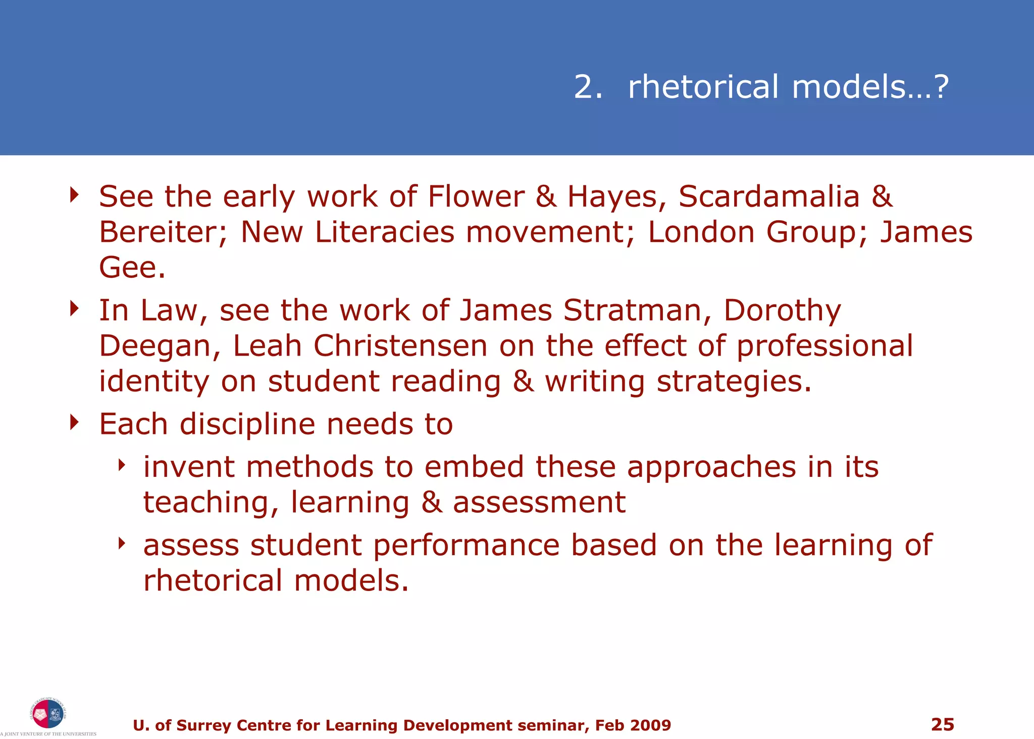 See the early work of Flower & Hayes, Scardamalia & Bereiter; New Literacies movement; London Group; James Gee. In Law, see the work of James Stratman, Dorothy Deegan, Leah Christensen on the effect of professional identity on student reading & writing strategies. Each discipline needs to  invent methods to embed these approaches in its teaching, learning & assessment assess student performance based on the learning of rhetorical models.  2.  rhetorical models…? 