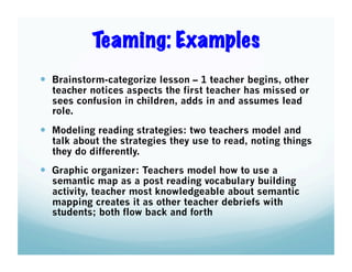 Teaming: Examples
  Brainstorm-categorize lesson – 1 teacher begins, other

teacher notices aspects the first teacher has missed or
sees confusion in children, adds in and assumes lead
role.

  Modeling reading strategies: two teachers model and

talk about the strategies they use to read, noting things
they do differently.

  Graphic organizer: Teachers model how to use a

semantic map as a post reading vocabulary building
activity, teacher most knowledgeable about semantic
mapping creates it as other teacher debriefs with
students; both flow back and forth

 