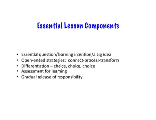 Essential Lesson Components


•    Essen.al	
  ques.on/learning	
  inten.on/a	
  big	
  idea	
  
•    Open-­‐ended	
  strategies:	
  	
  connect-­‐process-­‐transform	
  
•    Diﬀeren.a.on	
  –	
  choice,	
  choice,	
  choice	
  
•    Assessment	
  for	
  learning	
  
•    Gradual	
  release	
  of	
  responsibility	
  
 