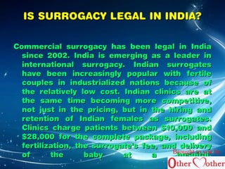 IISS SSUURRRROOGGAACCYY LLEEGGAALL IINN IINNDDIIAA?? 
CCoommmmeerrcciiaall ssuurrrrooggaaccyy hhaass bbeeeenn lleeggaall iinn IInnddiiaa 
ssiinnccee 22000022.. IInnddiiaa iiss eemmeerrggiinngg aass aa lleeaaddeerr iinn 
iinntteerrnnaattiioonnaall ssuurrrrooggaaccyy.. IInnddiiaann ssuurrrrooggaatteess 
hhaavvee bbeeeenn iinnccrreeaassiinnggllyy ppooppuullaarr wwiitthh ffeerrttiillee 
ccoouupplleess iinn iinndduussttrriiaalliizzeedd nnaattiioonnss bbeeccaauussee ooff 
tthhee rreellaattiivveellyy llooww ccoosstt.. IInnddiiaann cclliinniiccss aarree aatt 
tthhee ssaammee ttiimmee bbeeccoommiinngg mmoorree ccoommppeettiittiivvee,, 
nnoott jjuusstt iinn tthhee pprriicciinngg,, bbuutt iinn tthhee hhiirriinngg aanndd 
rreetteennttiioonn ooff IInnddiiaann ffeemmaalleess aass ssuurrrrooggaatteess.. 
CClliinniiccss cchhaarrggee ppaattiieennttss bbeettwweeeenn $$1100,,000000 aanndd 
$$2288,,000000 ffoorr tthhee ccoommpplleettee ppaacckkaaggee,, iinncclluuddiinngg 
ffeerrttiilliizzaattiioonn,, tthhee ssuurrrrooggaattee''ss ffeeee,, aanndd ddeelliivveerryy 
ooff tthhee bbaabbyy aatt aa Bhhrooougsshppt itiott aayoll..u by 
 