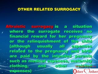 OOTTHHEERR RREELLAATTEEDD SSUURRRROOGGAACCYY 
AAllttrruuiissttiicc ssuurrrrooggaaccyy iiss aa ssiittuuaattiioonn 
wwhheerree tthhee ssuurrrrooggaattee rreecceeiivveess nnoo 
ffiinnaanncciiaall rreewwaarrdd ffoorr hheerr pprreeggnnaannccyy 
oorr tthhee rreelliinnqquuiisshhmmeenntt ooff tthhee cchhiilldd 
((aalltthhoouugghh uussuuaallllyy aallll eexxppeennsseess 
rreellaatteedd ttoo tthhee pprreeggnnaannccyy aanndd bbiirrtthh 
aarree ppaaiidd bbyy tthhee iinntteennddeedd ppaarreennttss 
ssuucchh aass mmeeddiiccaall eexxppeennsseess,, mmaatteerrnniittyy 
ccllootthhiinngg,, aanndd ootthheerr rreellaatteedd 
eexxppeennsseess)) 
Brought to you by 
 
