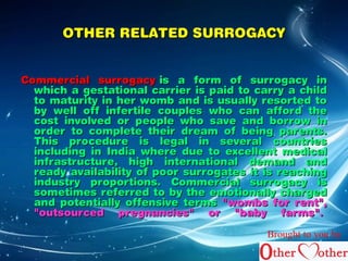 OOTTHHEERR RREELLAATTEEDD SSUURRRROOGGAACCYY 
CCoommmmeerrcciiaall ssuurrrrooggaaccyy iiss aa ffoorrmm ooff ssuurrrrooggaaccyy iinn 
wwhhiicchh aa ggeessttaattiioonnaall ccaarrrriieerr iiss ppaaiidd ttoo ccaarrrryy aa cchhiilldd 
ttoo mmaattuurriittyy iinn hheerr wwoommbb aanndd iiss uussuuaallllyy rreessoorrtteedd ttoo 
bbyy wweellll ooffff iinnffeerrttiillee ccoouupplleess wwhhoo ccaann aaffffoorrdd tthhee 
ccoosstt iinnvvoollvveedd oorr ppeeooppllee wwhhoo ssaavvee aanndd bboorrrrooww iinn 
oorrddeerr ttoo ccoommpplleettee tthheeiirr ddrreeaamm ooff bbeeiinngg ppaarreennttss.. 
TThhiiss pprroocceedduurree iiss lleeggaall iinn sseevveerraall ccoouunnttrriieess 
iinncclluuddiinngg iinn IInnddiiaa wwhheerree dduuee ttoo eexxcceelllleenntt mmeeddiiccaall 
iinnffrraassttrruuccttuurree,, hhiigghh iinntteerrnnaattiioonnaall ddeemmaanndd aanndd 
rreeaaddyy aavvaaiillaabbiilliittyy ooff ppoooorr ssuurrrrooggaatteess iitt iiss rreeaacchhiinngg 
iinndduussttrryy pprrooppoorrttiioonnss.. CCoommmmeerrcciiaall ssuurrrrooggaaccyy iiss 
ssoommeettiimmeess rreeffeerrrreedd ttoo bbyy tthhee eemmoottiioonnaallllyy cchhaarrggeedd 
aanndd ppootteennttiiaallllyy ooffffeennssiivvee tteerrmmss ""wwoommbbss ffoorr rreenntt"",, 
""oouuttssoouurrcceedd pprreeggnnaanncciieess"" oorr ""bbaabbyy ffaarrmmss"".. 
Brought to you by 
 