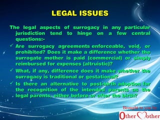 LLEEGGAALL IISSSSUUEESS 
TThhee lleeggaall aassppeeccttss ooff ssuurrrrooggaaccyy iinn aannyy ppaarrttiiccuullaarr 
jjuurriissddiiccttiioonn tteenndd ttoo hhiinnggee oonn aa ffeeww cceennttrraall 
qquueessttiioonnss::-- 
 AArree ssuurrrrooggaaccyy aaggrreeeemmeennttss eennffoorrcceeaabbllee,, vvooiidd,, oorr 
pprroohhiibbiitteedd?? DDooeess iitt mmaakkee aa ddiiffffeerreennccee wwhheetthheerr tthhee 
ssuurrrrooggaattee mmootthheerr iiss ppaaiidd ((ccoommmmeerrcciiaall)) oorr ssiimmppllyy 
rreeiimmbbuurrsseedd ffoorr eexxppeennsseess ((aallttrruuiissttiicc))?? 
 WWhhaatt,, iiff aannyy,, ddiiffffeerreennccee ddooeess iitt mmaakkee wwhheetthheerr tthhee 
ssuurrrrooggaaccyy iiss ttrraaddiittiioonnaall oorr ggeessttaattiioonnaall?? 
 IIss tthheerree aann aalltteerrnnaattiivvee ttoo ppoosstt--bbiirrtthh aaddooppttiioonn ffoorr 
tthhee rreeccooggnniittiioonn ooff tthhee iinntteennddeedd ppaarreennttss aass tthhee 
lleeggaall ppaarreennttss,, eeiitthheerr bbeeffoorree oorr aafftteerr tthhee bbiirrtthh?? 
Brought to you by 
 