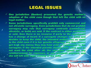 LLEEGGAALL IISSSSUUEESS 
 OOnnee jjuurriissddiiccttiioonn ((QQuueebbeecc)) pprreevveenntteedd tthhee ggeenneettiicc mmootthheerr''ss 
aaddooppttiioonn ooff tthhee cchhiilldd eevveenn tthhoouugghh tthhaatt lleefftt tthhee cchhiilldd wwiitthh nnoo 
lleeggaall mmootthheerr.. 
 SSoommee jjuurriissddiiccttiioonnss ssppeecciiffiiccaallllyy pprroohhiibbiitt oonnllyy ccoommmmeerrcciiaall aanndd 
nnoott aallttrruuiissttiicc ssuurrrrooggaaccyy.. EEvveenn jjuurriissddiiccttiioonnss tthhaatt ddoo nnoott pprroohhiibbiitt 
ssuurrrrooggaaccyy mmaayy rruullee tthhaatt ssuurrrrooggaaccyy ccoonnttrraaccttss ((ccoommmmeerrcciiaall,, 
aallttrruuiissttiicc,, oorr bbootthh)) aarree vvooiidd.. IIff tthhee ccoonnttrraacctt iiss eeiitthheerr pprroohhiibbiitteedd 
oorr vvooiidd,, tthheenn tthheerree iiss nnoo rreeccoouurrssee iiff ppaarrttyy ttoo tthhee aaggrreeeemmeenntt 
hhaass aa cchhaannggee ooff hheeaarrtt:: IIff aa ssuurrrrooggaattee cchhaannggeess hheerr mmiinndd aanndd 
ddeecciiddeess ttoo kkeeeepp tthhee cchhiilldd,, tthhee iinntteennddeedd mmootthheerr hhaass nnoo ccllaaiimm 
ttoo tthhee cchhiilldd eevveenn iiff iitt iiss hheerr ggeenneettiicc ooffffsspprriinngg,, aanndd tthheeyy ccaannnnoott 
ggeett bbaacckk aannyy mmoonneeyy tthheeyy mmaayy hhaavvee ppaaiidd oorr rreeiimmbbuurrsseedd ttoo tthhee 
ssuurrrrooggaattee;; IIff tthhee iinntteennddeedd ppaarreennttss cchhaannggee tthheeiirr mmiinndd aanndd ddoo 
nnoott wwaanntt tthhee cchhiilldd aafftteerr aallll,, tthhee ssuurrrrooggaattee ccaannnnoott ggeett aannyy 
rreeiimmbbuurrsseemmeenntt ffoorr eexxppeennsseess,, oorr aannyy pprroommiisseedd ppaayymmeenntt,, aanndd 
sshhee wwiillll lleefftt wwiitthh lleeggaall ccuussttooddyy ooff tthhee cchhiilldd.. 
Brought to you by 
 